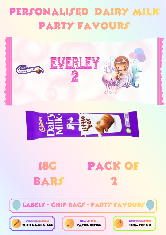 Personalised Mermaid Dairy Milk Wrappers Pack of 2 Birthday Party Favours UK