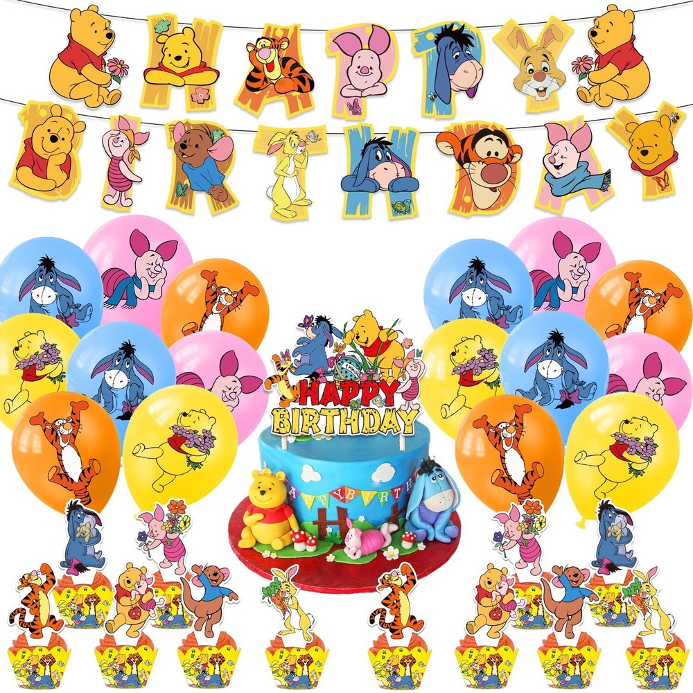 Winnie The Pooh Theme Birthday Party Decorate Set,Banner Balloons Cake Toppers