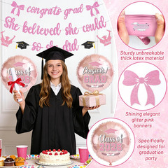 Pre-Strung Glitter Graduation Banners Pink 2026 Graduation Decorations Class
