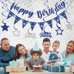 Blue Silver Birthday Decorations for Men Women, Happy Birthday Banner Hanging
