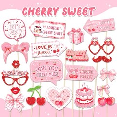 Cherry Photo Booth Props with Stick 25 PCS Pink Bow Themed Party Supplies