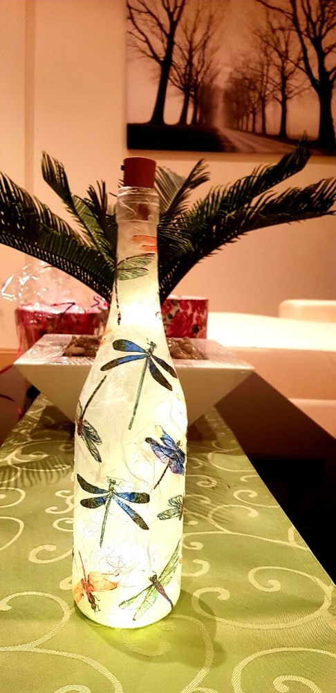Hand Decorated Light Up Bottle Lamp with Dragonfly Design One of a Kind Unique G