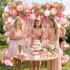 Rose Gold Birthday Decorations with Metallic Rose Gold Confetti Pink White Nude
