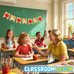 Back to School Decorations, Pre-Strung Burlap Pencil Apple Garland Banner, Class