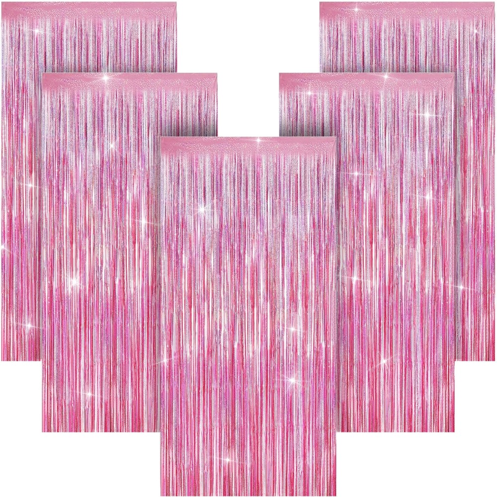 5 PCS 3.28×6.56 Ft Glitter Pink Tinsel Foil Fringe Curtain Photo Backdrop