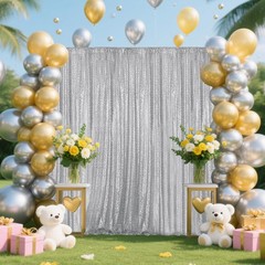 Silver Sequin Backdrop Curtain 2 Pieces 2FTx8FT Glitter Photography Backdrop for
