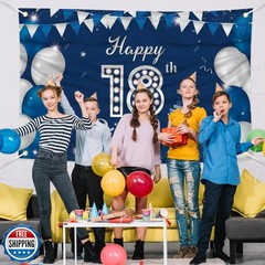 JOYKY Happy 18th Birthday Banner, Blue Silver Happy 18th Birthday Party Decor