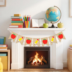 Back to School Decorations, Pre-Strung Burlap Pencil Apple Garland Banner, Class