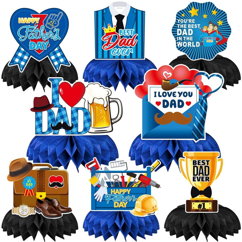 8PCS Fathers Day Party Decorations Honeycomb Centerpiece, 3D Double Side Happ…