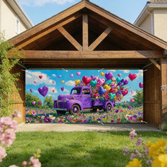 Spring Garage Door Cover Romantic Purple Truck Heart Balloon Flower Field Decora