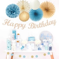 Neutral Birthday Decorations, 21pcs Paper Streamers, Flower Fans, Light Blue