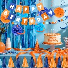 Orange Blue Birthday Decorations Set for Boys Men Women, Happy Birthday Banner