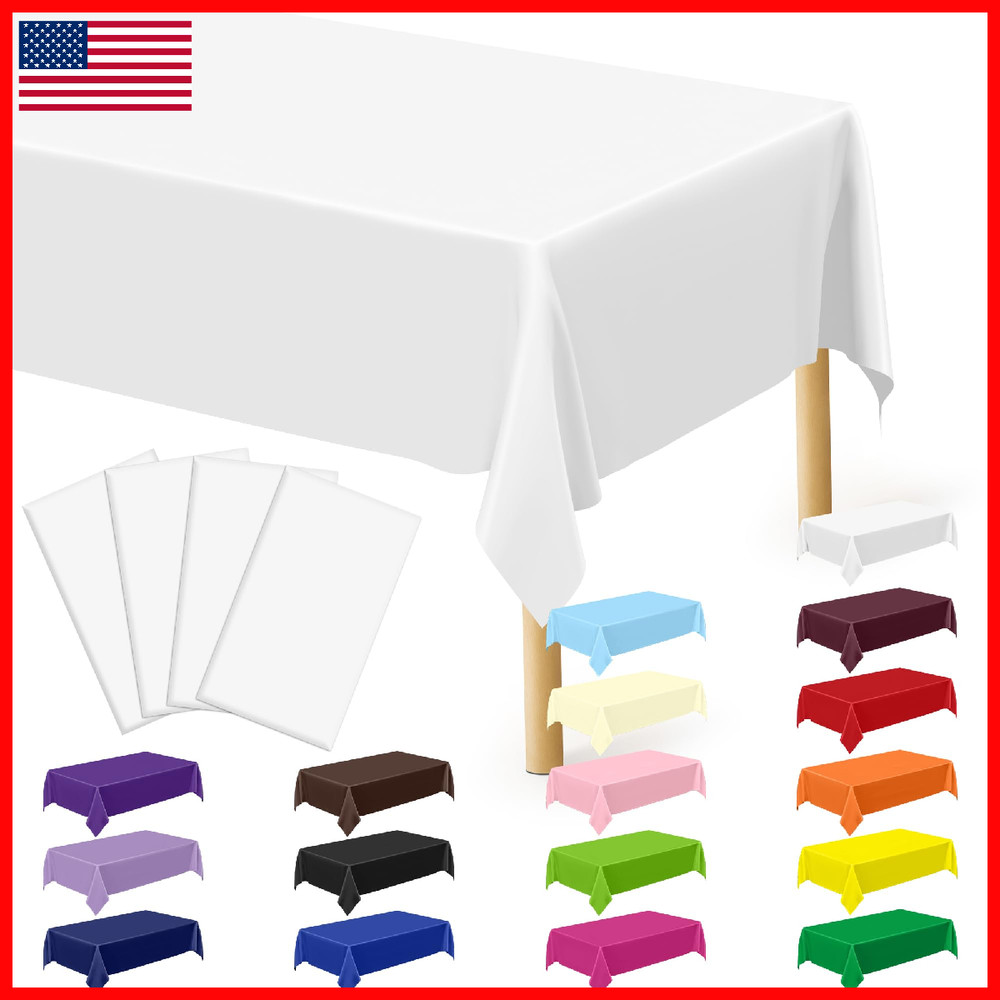 Qzyl 4 Packs White Plastic Sturdy Disposable Table Cloth 54 X 108 Inches Paper