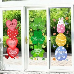 3 Sheets Extra Large Holiday Window Clings Decorations, Large Red Heart Shamrock