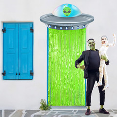 Alien Birthday Party Decorations Door Curtain with Foil Fringe Tinsel Spacecraft