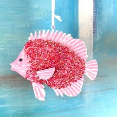 Pink Fish Metal Ornament – Bead Sequin Lightweight Nautical Mermaid Tropical