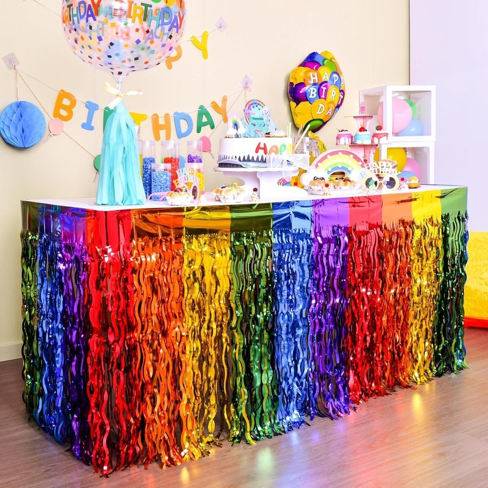 Rainbow Party Decorations, 4 Pack Foil Fringe Table Skirts