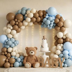 122Pcs Dusty Blue and Brown Balloon Arch Kit, Boho Bear Baby Shower Decorations