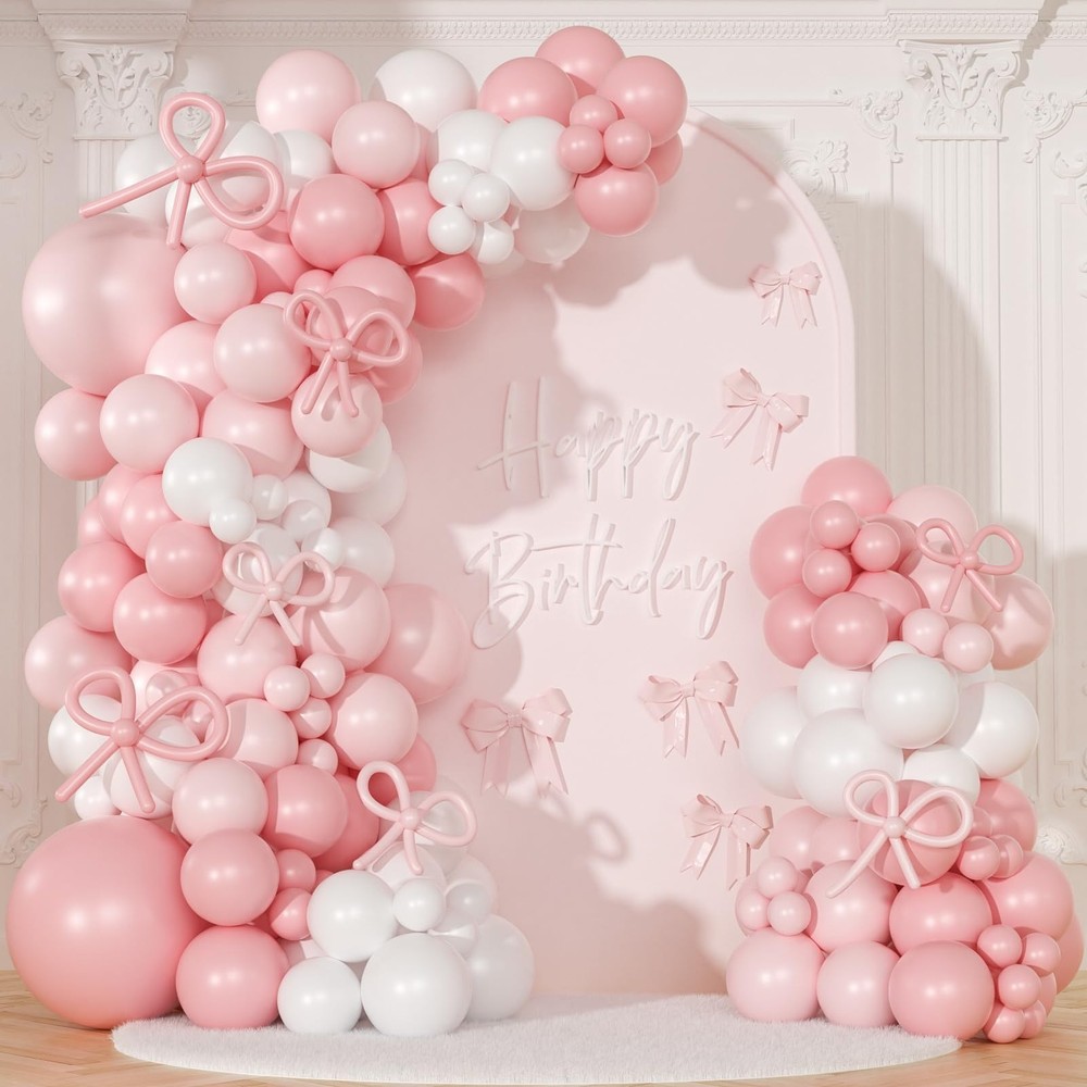 Coquette Birthday Decorations 145 Pcs Pink and White Balloon Garland Arch Kit…
