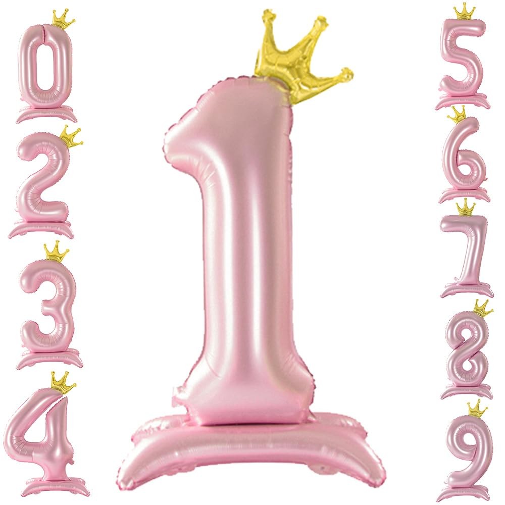 42 Inch Crown Pink Number Balloon, Number 1 Balloon with Base for Girls 1th P…