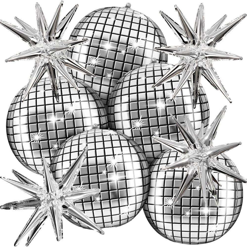 Disco Ball Balloons for 70S Disco Party Decor, 22 Inch Large 4D Metallic Silver