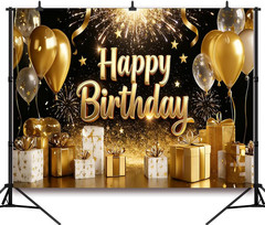 7X5Ft Black and Gold Happy Birthday Backdrop Glitter Balloon and Fireworks