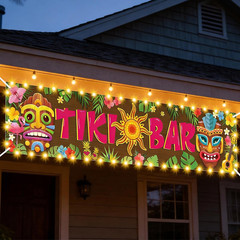 Hawaiian Tiki Party Decorations, Luau Tiki Banner Lighted Tiki Bar Sign for Summ