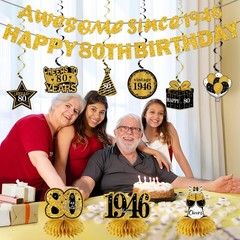 11Pcs 80th Birthday Decorations Kit for Men Women, Black Gold Happy 80th Birt…