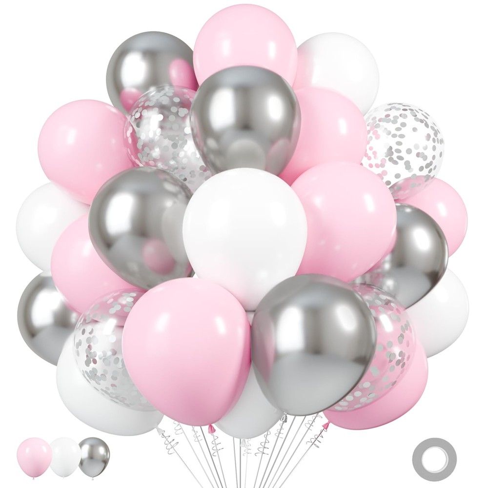 Silver Pink White Latex Balloons, 50 Pack 12 Inches Silver Confetti Party Bal…