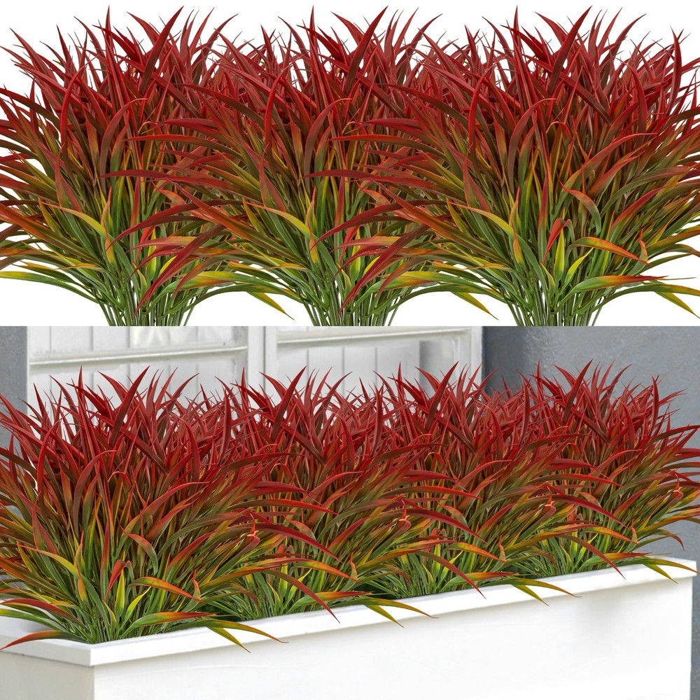 Ouddy Decor 16 Bundles Artificial Plants Outdoor Fake Grass Large, Red
