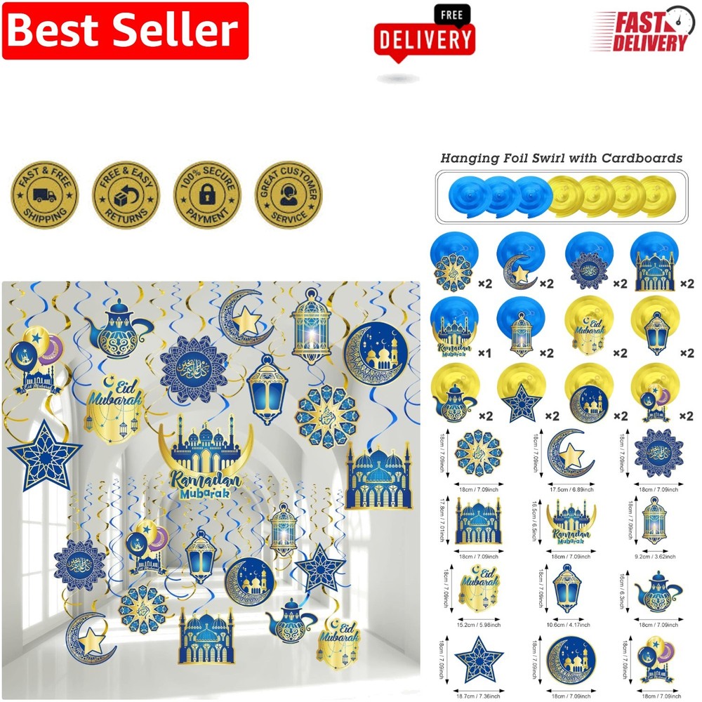 Elegant 30-Piece Eid Decor with Swirls, Stars, and Lanterns for Celebrations