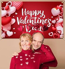 Happy Valentine’s Day Backdrop Banner 73 x 43 Inch Large Size Red Heart