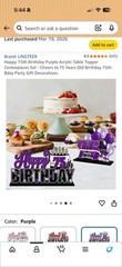 LINGTEER 75th Birthday Purple Acrylic Cake Topper Set of 3 Table Toppers