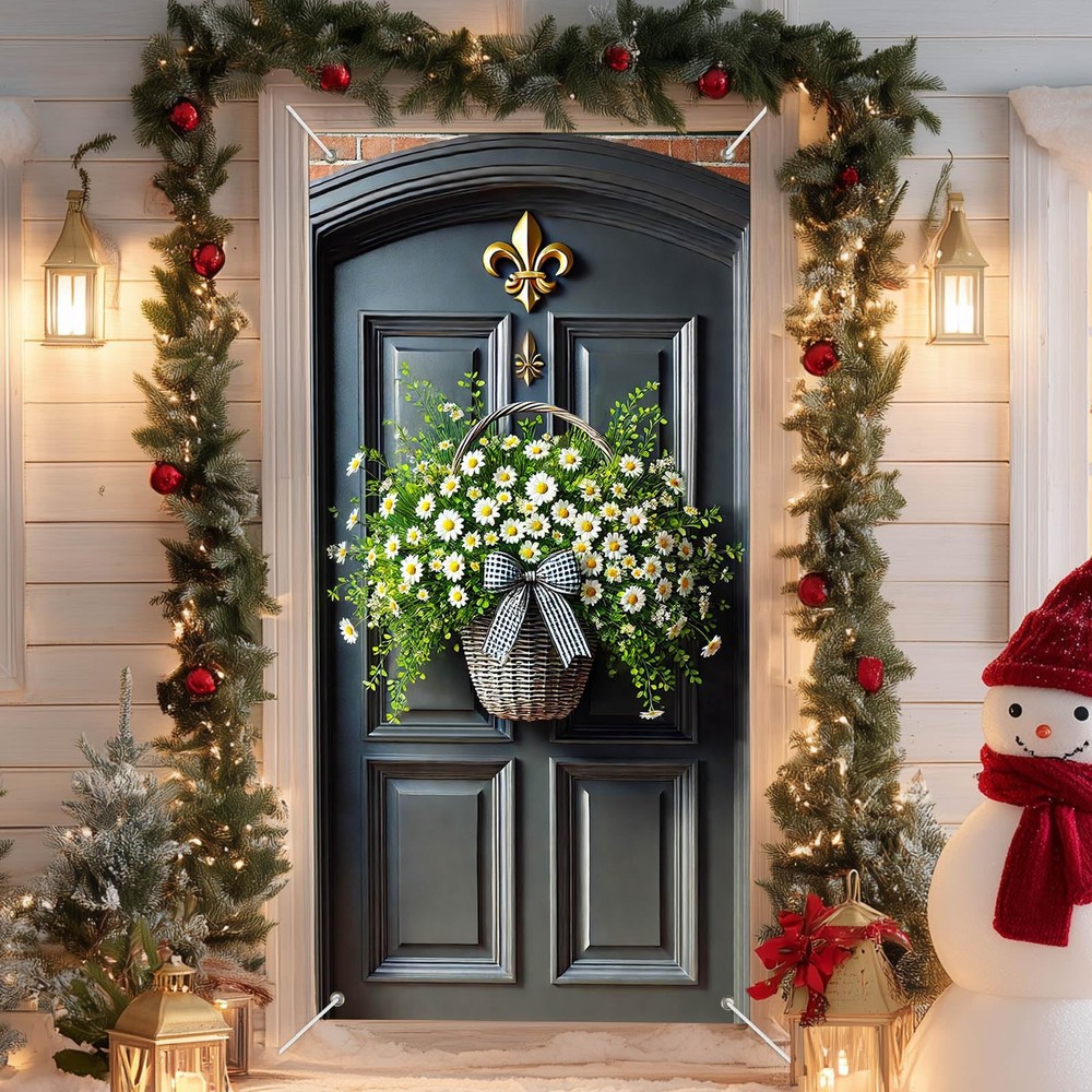 Spring Door Cover Daisy Basket 35×71 Inch – Floral Door Decoration with Woven…