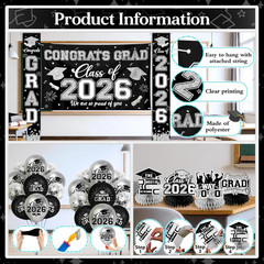 Black and Silver Graduation Decorations 2026 Set, All-In-1 Kit with Congrats Gra
