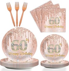 Exquisite 96-Piece Pink Rose Gold 60th Birthday Party Set for 24 Guests: Luxu…