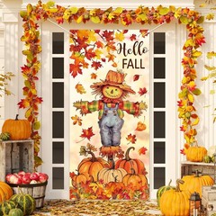 Fall Door Banner Cover Scarecrow Pumpkin Leaves Hanging