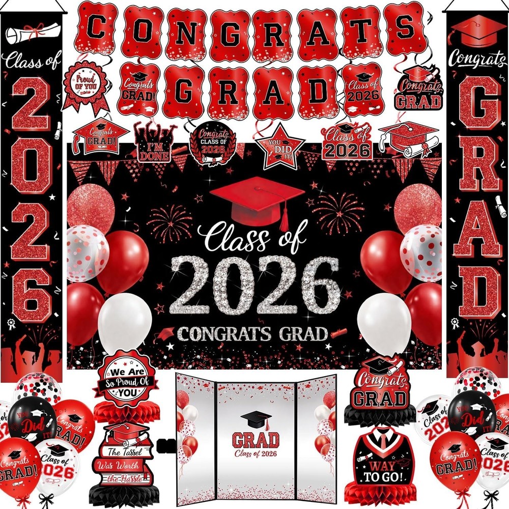 Graduation Decorations Class of 2026,Red Graduation Party Supplies Congrats Grad