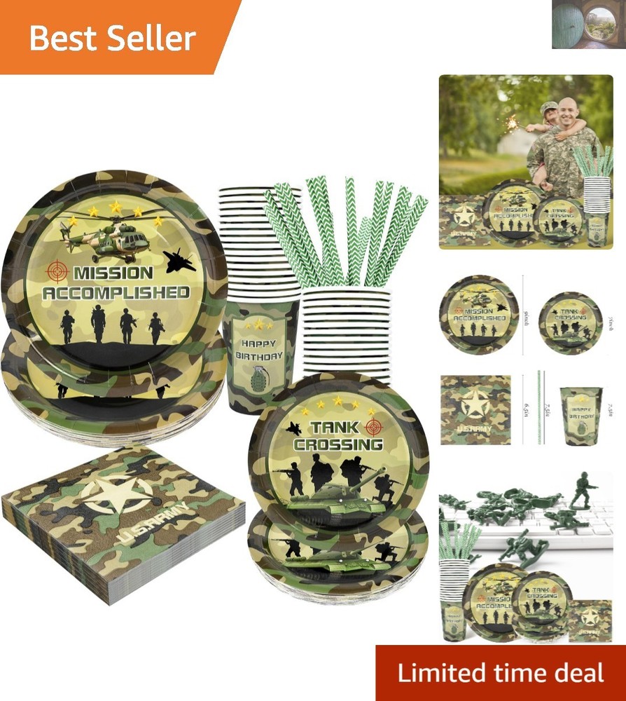 Camo Army Birthday Party Set – Disposable Dinnerware for 24 Guests | 120 Pcs