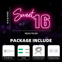 Sweet 16 Party Decorations Neon Sign, Sixteen 16th Birthday Decorations Gift for