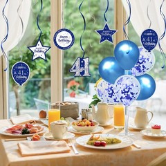 Happy 41st Birthday Party Decorations Set Blue Swirls Streamers Stand Kit