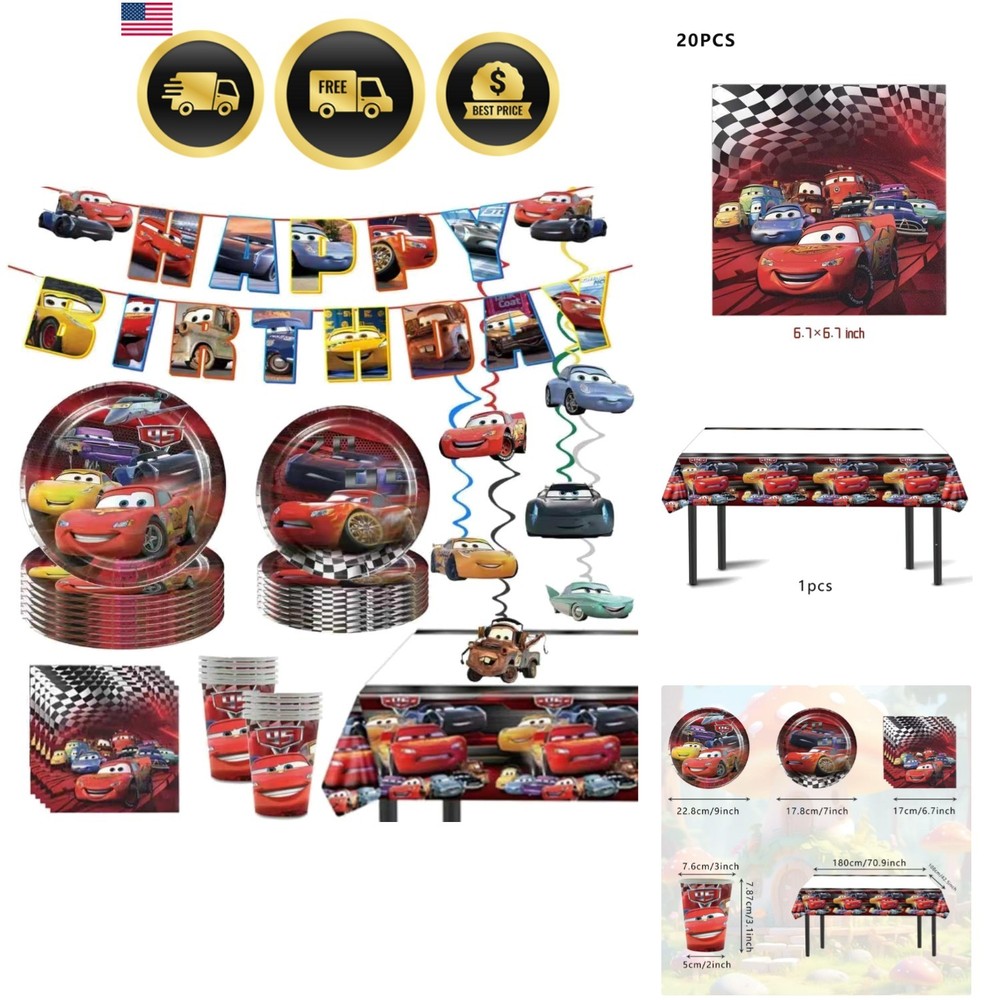 Delightful Cars Birthday Supplies Bundle – Plates, Cups, and More (88 pcs)