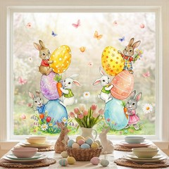Easter Decorations Window Clings: Cute Stacked Little Bunny with Colored Eggs, R