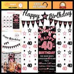 40th Birthday Decorations – 9 Pcs Rose Gold & Black Banner, Glitter Garland & Fl