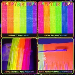 2 Pack Glow in The Dark Tinsel Curtains, Neon Party Decorations 3.3 x 6.6 Ft