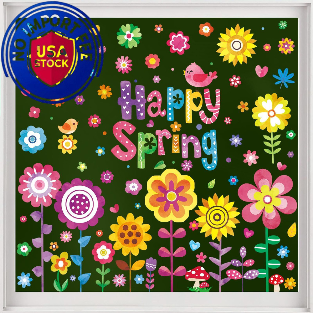 JOICEE 8 Sheets Spring Flowers Window Clings, Happy Flower Bird Yellow