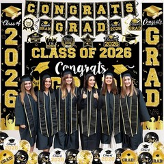 Graduation Decorations Class of 2026 – Black and Gold Graduation Party Suppli…