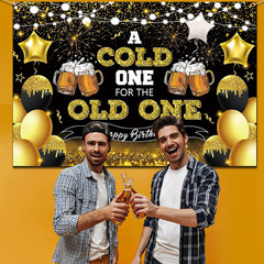 Beer Party Decorations,Black and Gold Happy Birthday Backdrop for Men a Cold One