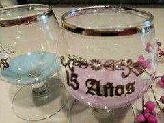 Vintage 15 Anos(year) Anniversary Birthday Glass Snifters Blue/Pink boy girl