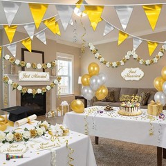 3P Gold Silver Party Decorations – Metallic Fabric Triangle Pennant Banner Fl…